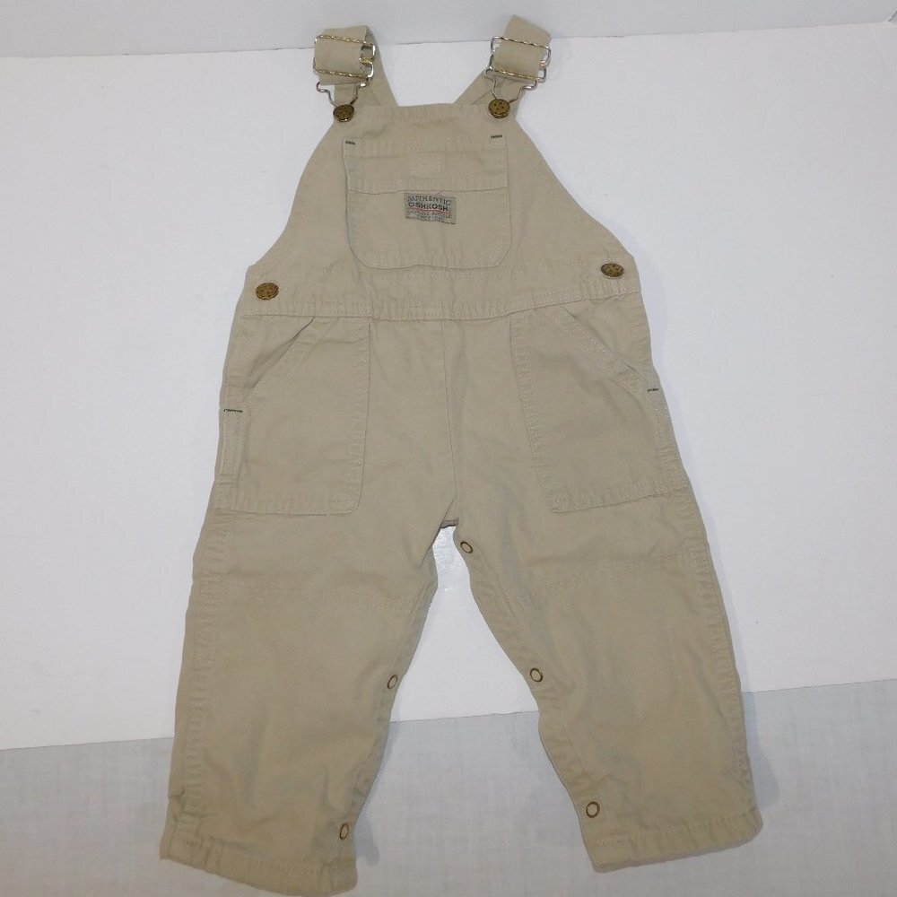 Oshkosh B'gosh Boys 12M Khaki Tan Overalls Rollup Cuffs Adjustable 12 Months